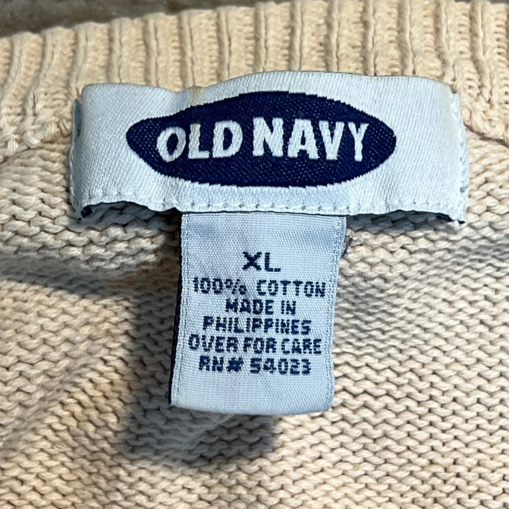 Old Navy Mens XL Vintage Cream Cotton Ribbed Knit Crewneck Sweater Beige 90s Y2K